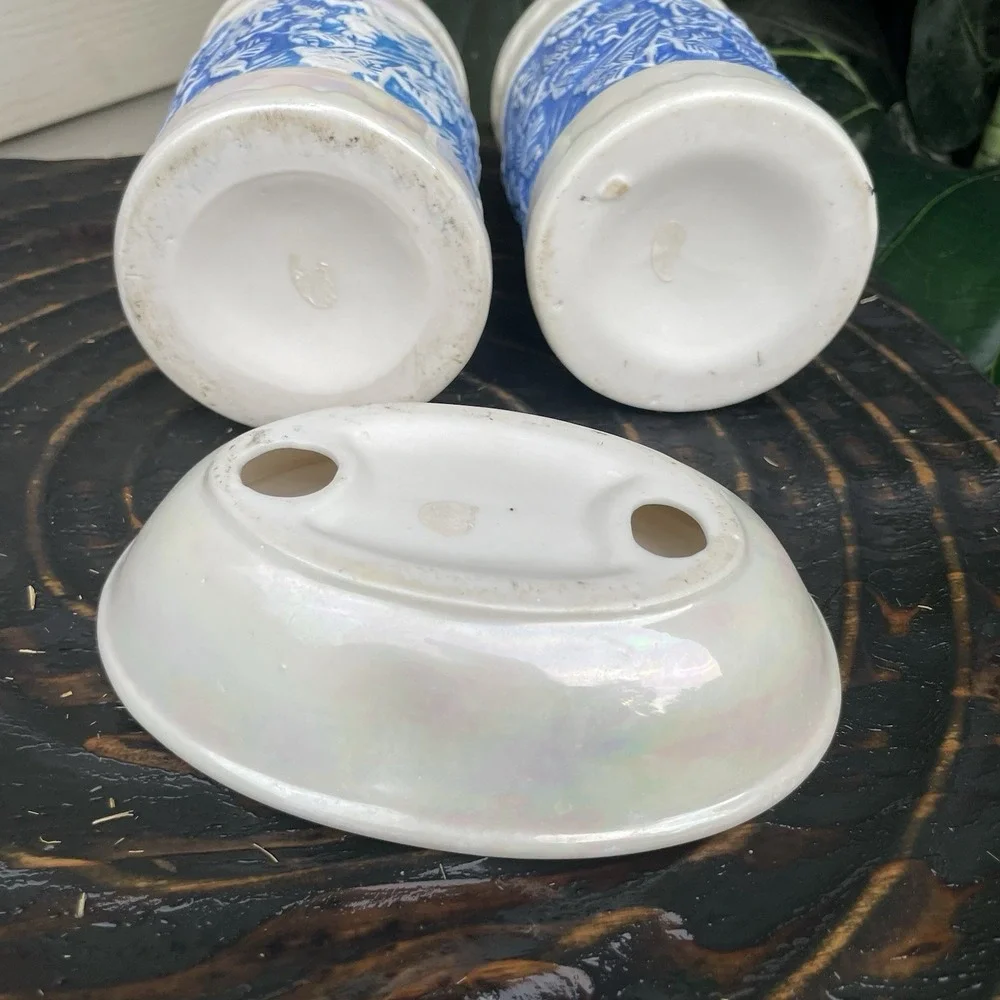Blue White Lusterware Ceramic Bathroom 3pc. Set Soap Toothbrush Dish Holder